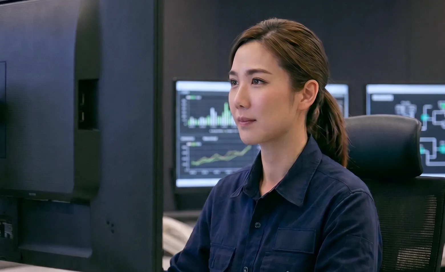 A female control room technician focusing on her computer monitor, with multiple system monitoring screens in the background.